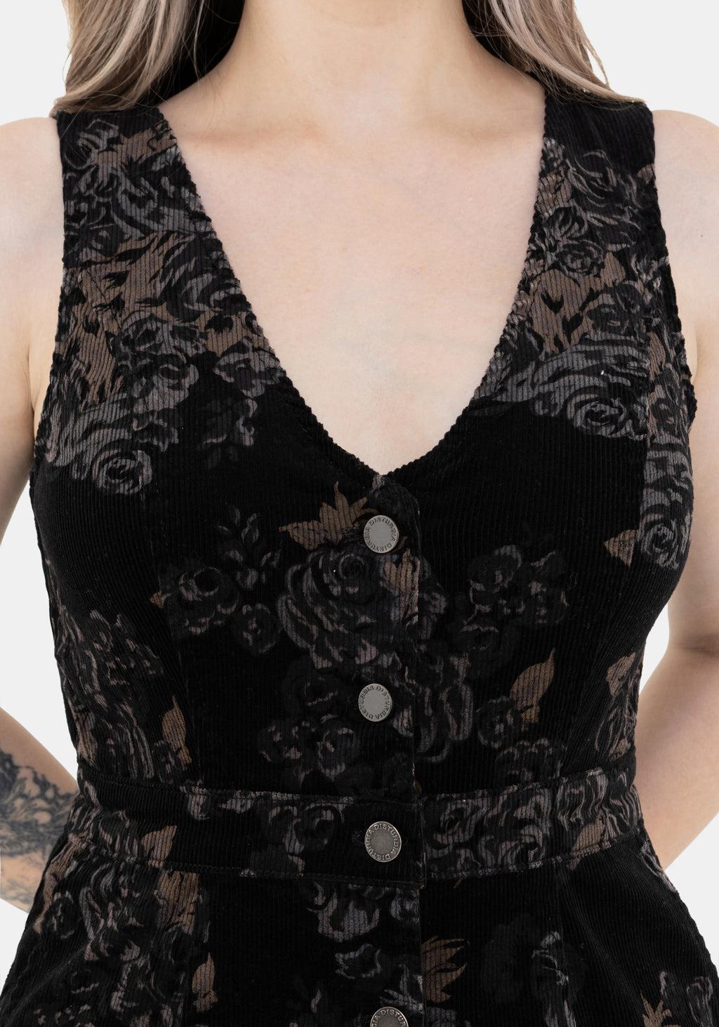 Fleur Corduroy Deep V Neck Floral Print Mini Dress Product Image