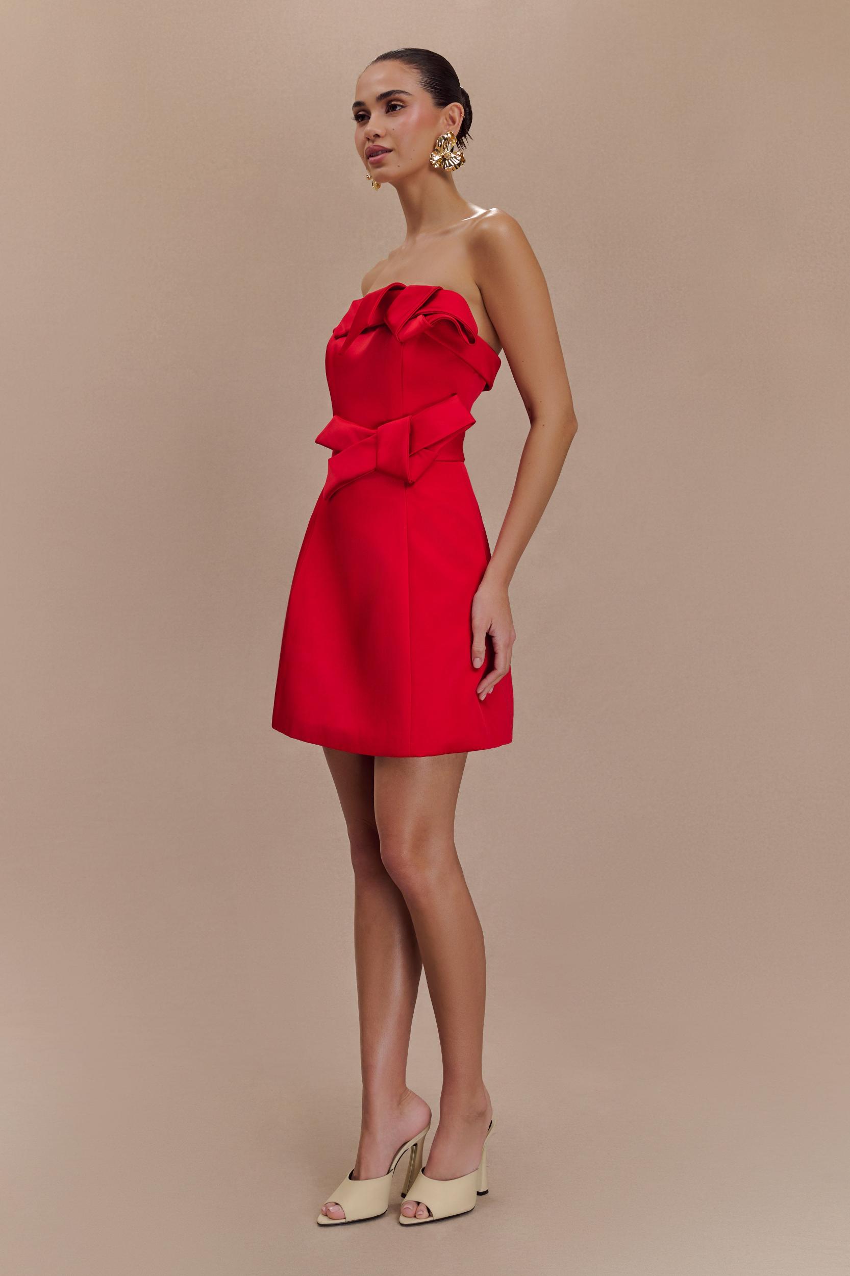 Tatiana Satin Strapless Bow Mini Dress - Red Product Image