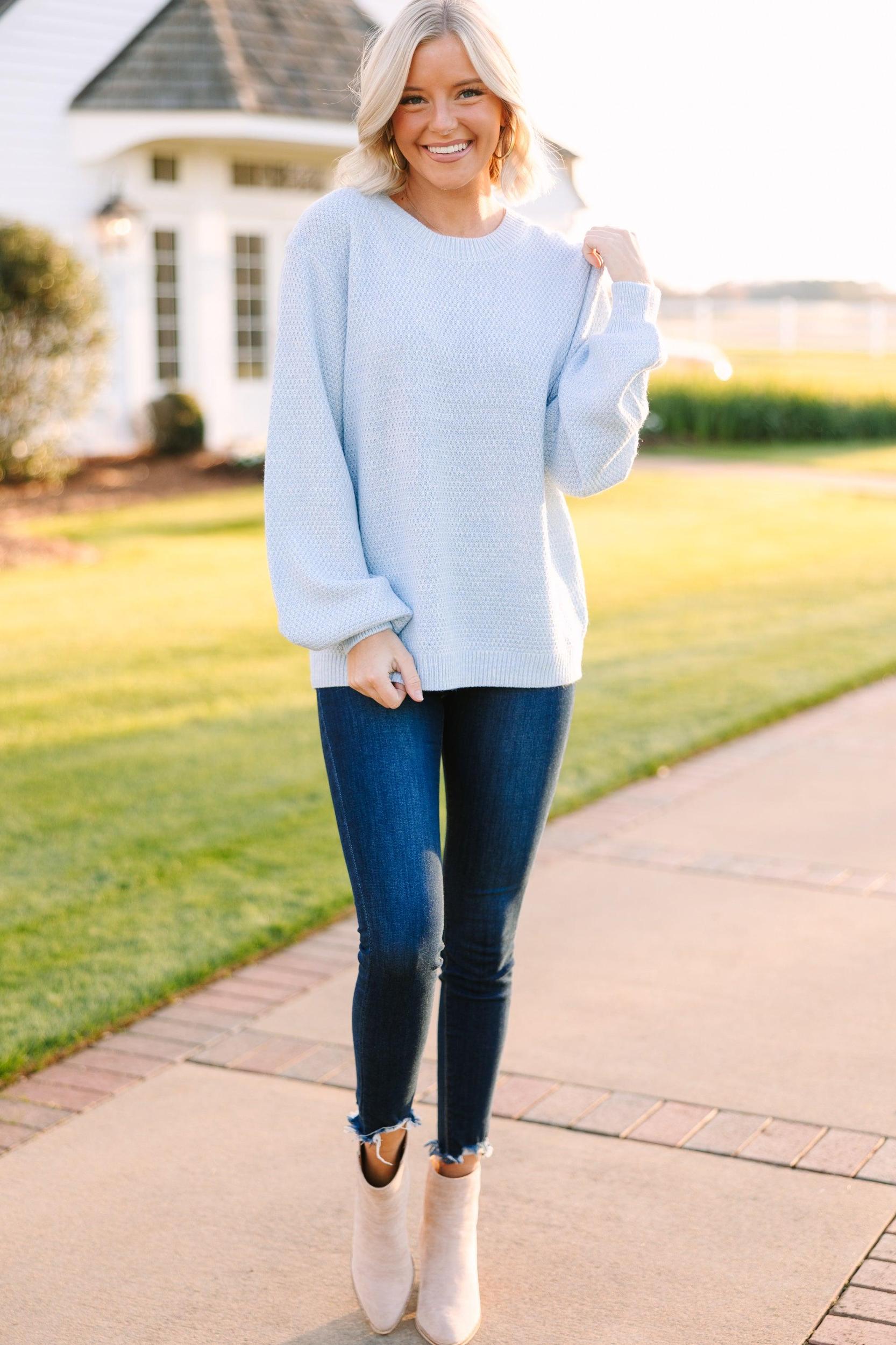 The Slouchy Light Blue Bubble Sleeve Sweater Female Product Image