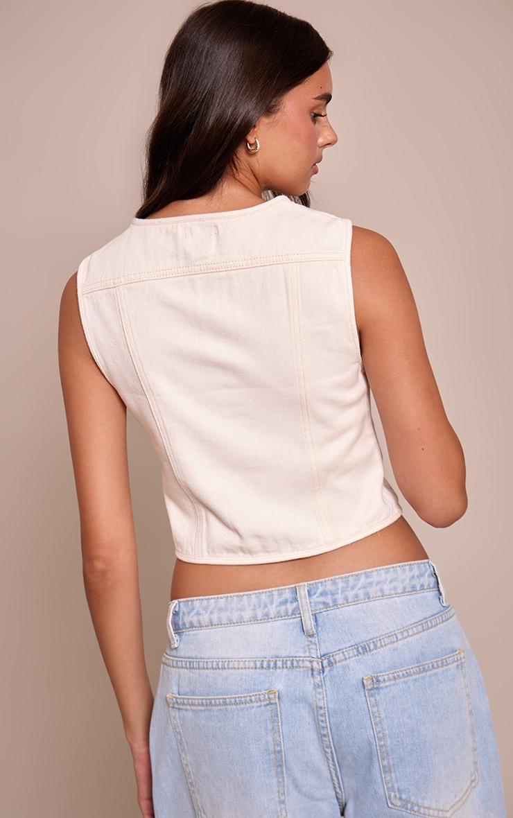 Butter Yellow Round Neck Button Detail Sleeveless Denim Crop Top Product Image