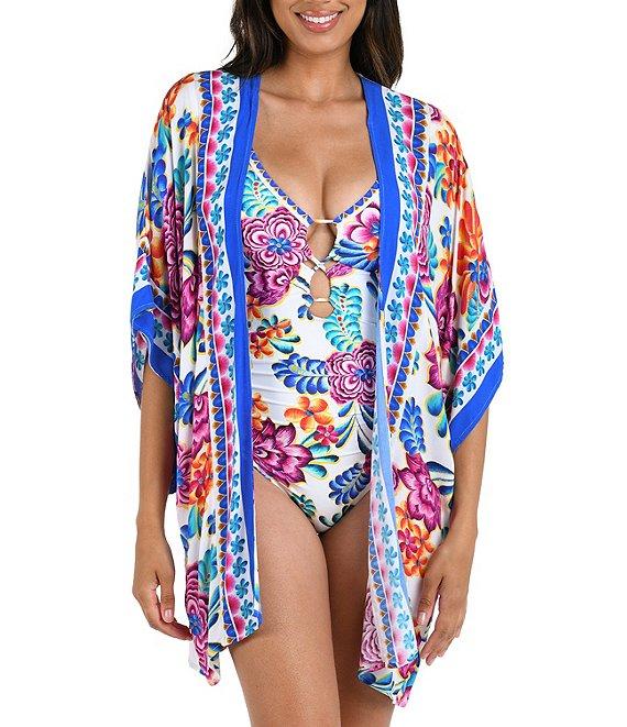 La Blanca Flor De Paradiso Floral Print Dolman Sleeve Open Front Kimono Swim Cover-Up Product Image