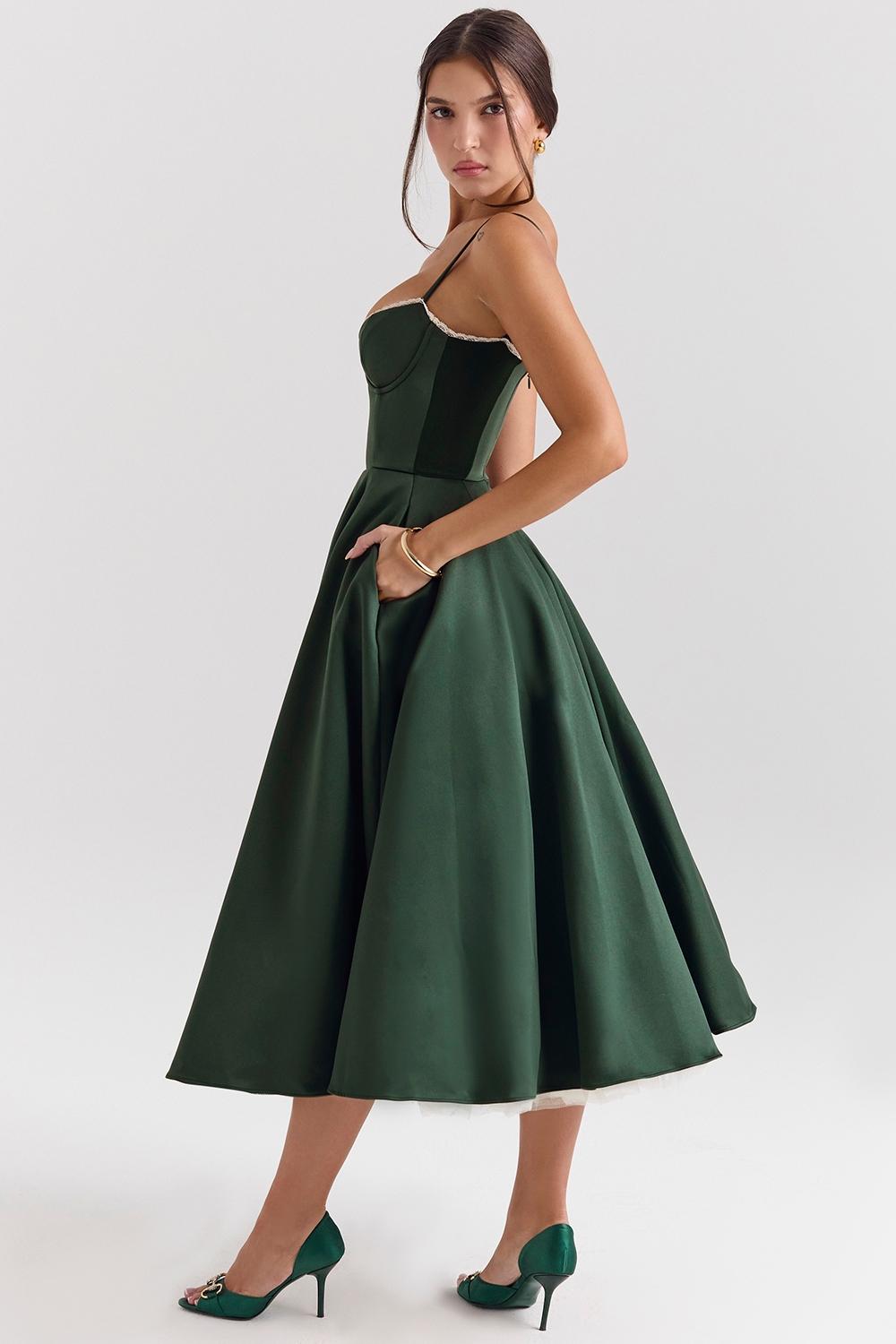 Mademoiselle  forest green satin tulle midi dress Product Image