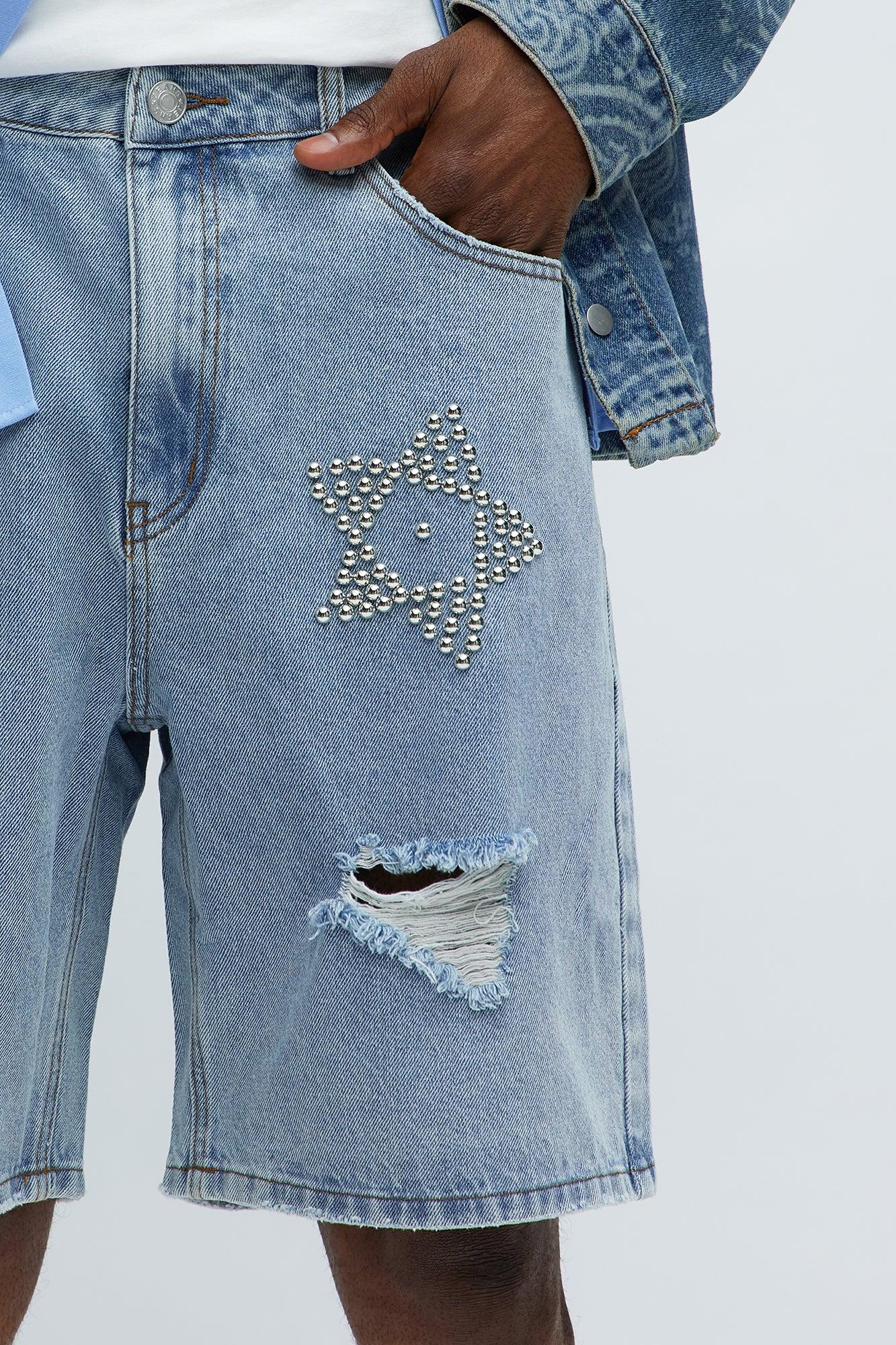 Relaxed Star Studded Denim Shorts - Light Blue Wash Product Image