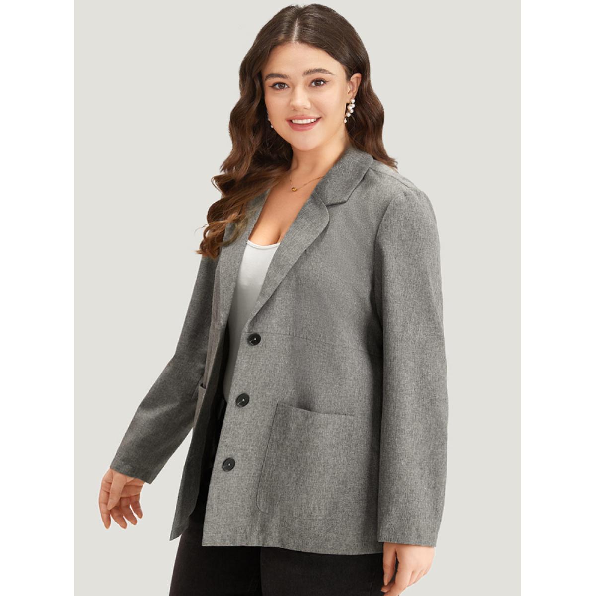 Plus Size Solid Suit Collar Patched Pocket Blazer DimGray Women Dailywear Plain Plain Sleeve Long Sleeve Suit Collar 18-20/2X Pocket Casual Blazers BloomChic Product Image
