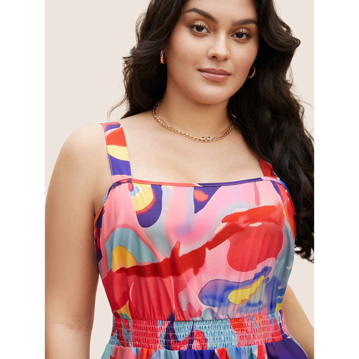 Plus Size Square Neck Watercolor Floral Shirred Cami Dress Peach Women Elegant Shirred Square Neck Sleeveless Curvy BloomChic 26/4X Product Image