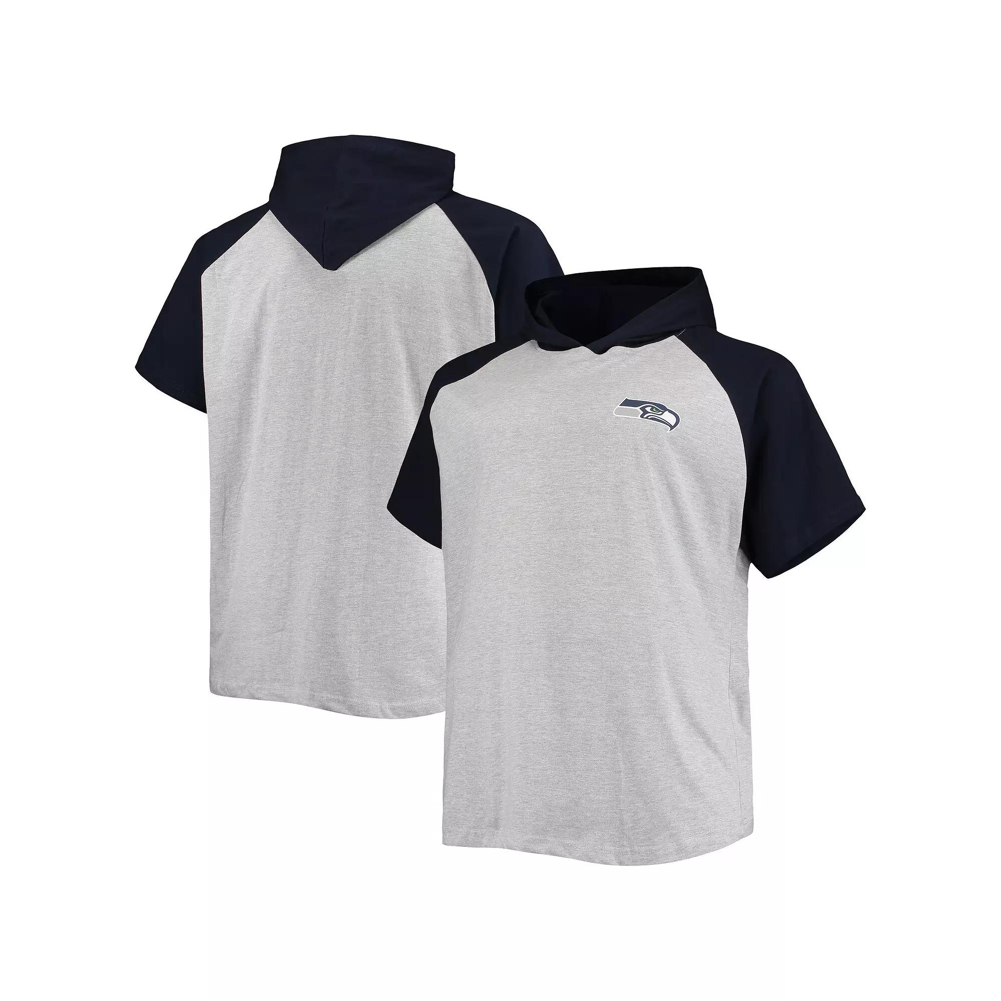 Men's Heathered Gray/College Navy Seattle Seahawks Big & Tall Raglan Short Sleeve Pullover Hoodie, Size: 3XB, Grey Product Image