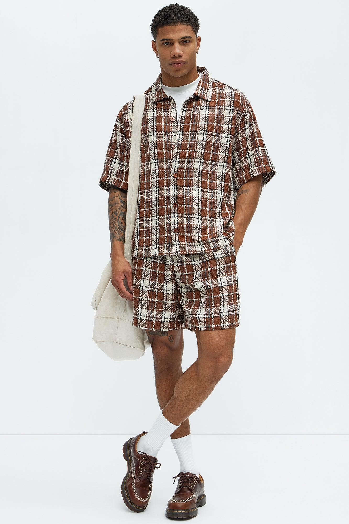 Plaid Basket Weave Cropped Button Up Shirt - Brown Combo Product Image