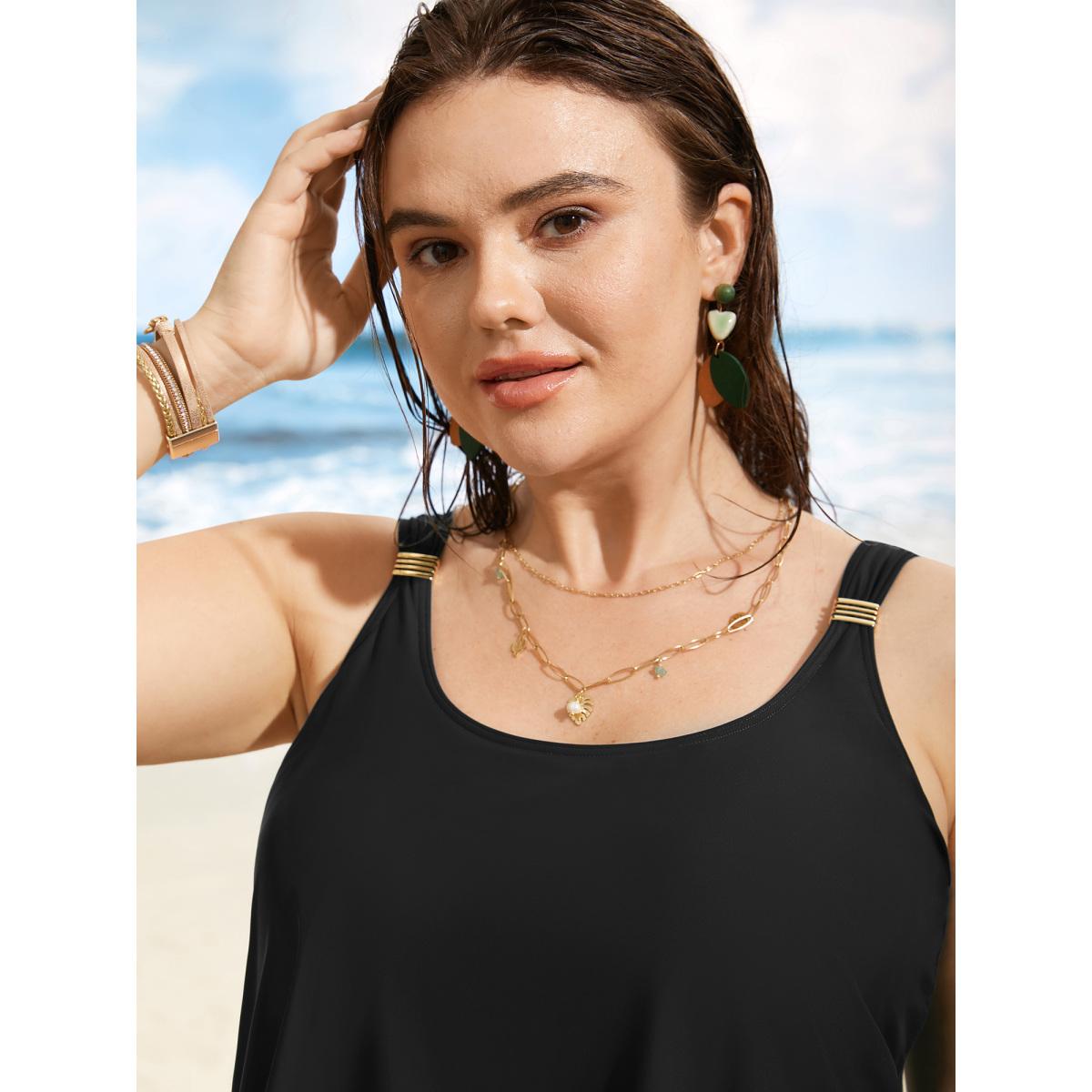 Plus Size Metal Detail Wrap Hem Gathered Swim Top Women's Swimwear Black Beach Gathered High stretch Bodycon U-neck Curve Swim Tops BloomChic 10/M Product Image