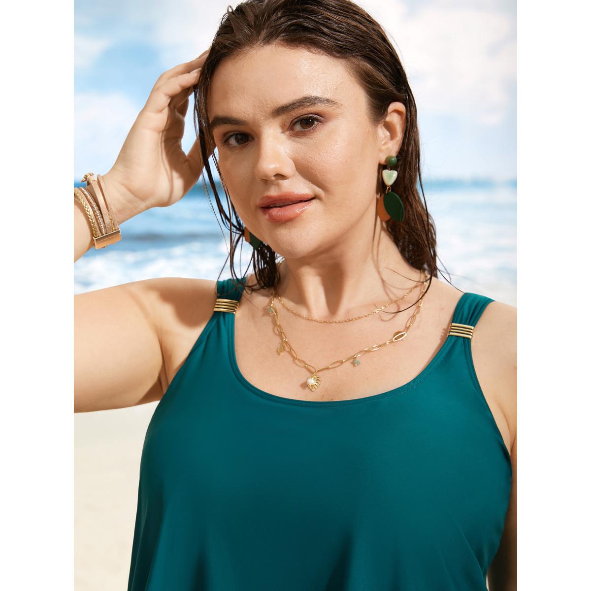 Plus Size Metal Detail Wrap Hem Gathered Swim Top Women's Swimwear Teal Resort Gathered High stretch Bodycon U-neck Curve Swim Tops BloomChic 12/L Product Image