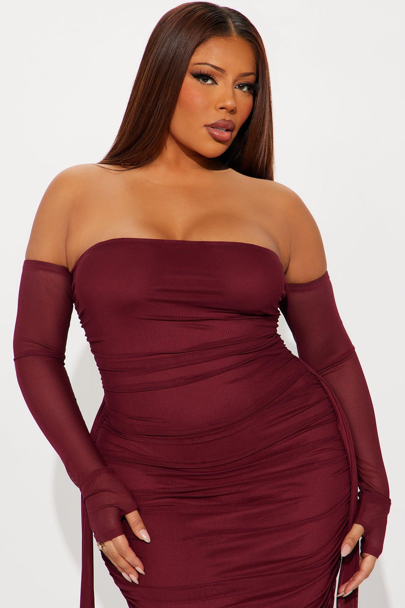 Kourtney Mesh Ruched Maxi Dress - Burgundy Female Product Image