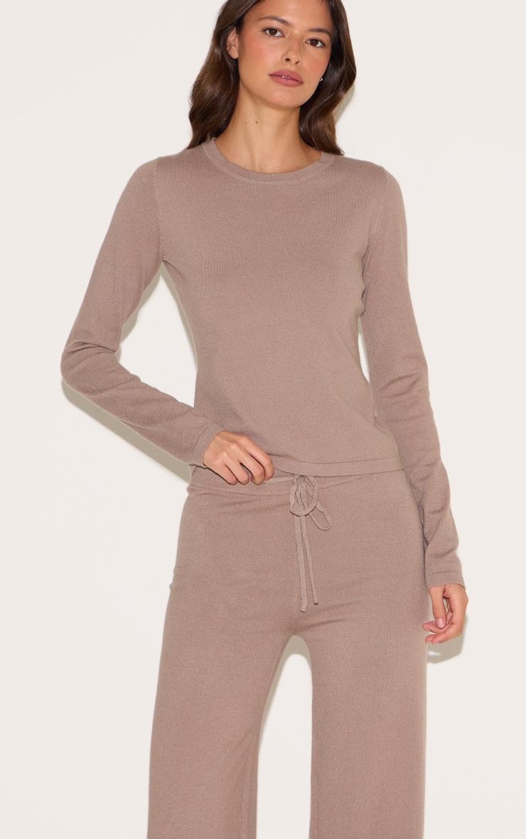 Deep Taupe Soft Knit Drawstring Waist Wide Leg Pants Product Image