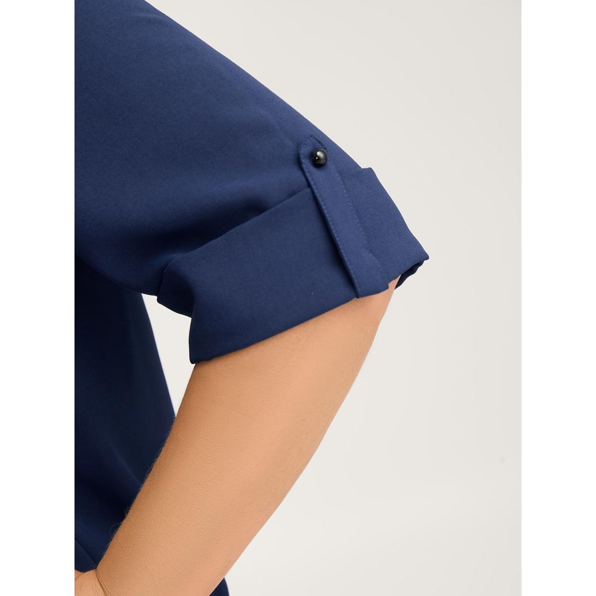 Plus Size DarkBlue Metal Button Pleated Front Blouse Women Elbow-length sleeve Round Neck Work Blouses BloomChic 22-24/3X Product Image