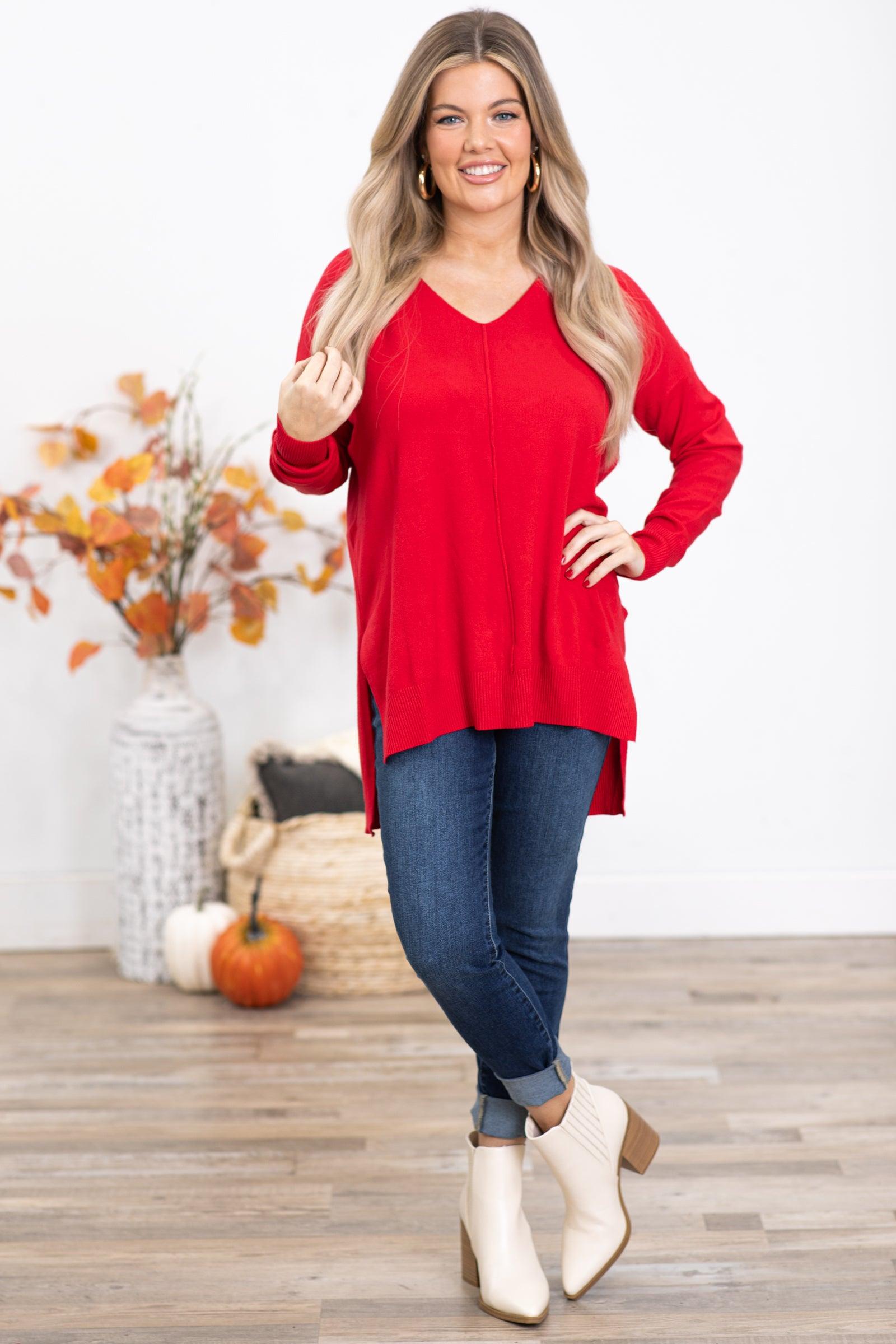 Red V-Neck Lightweight Sweater Product Image