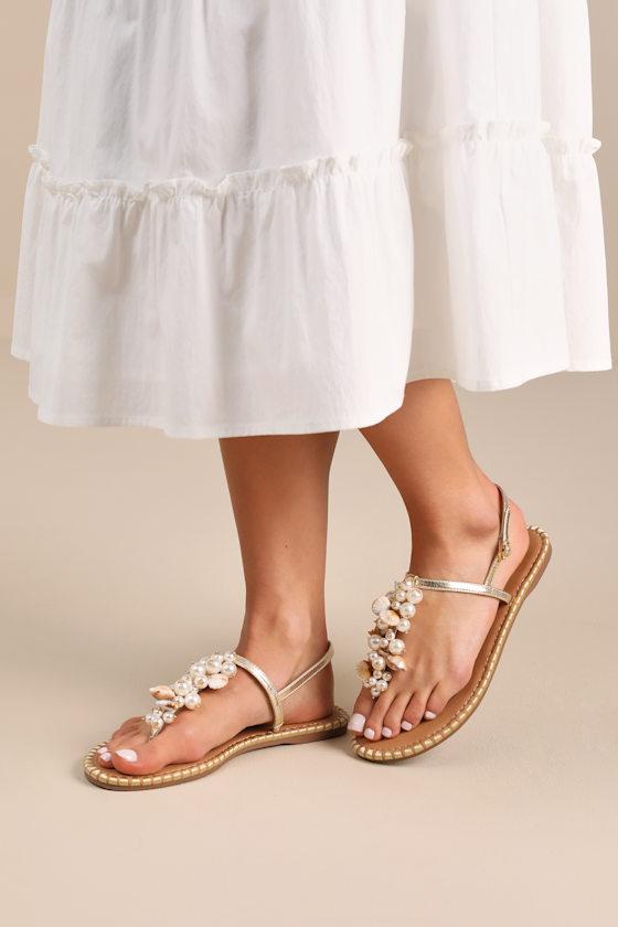 Bryelea Gold Pearl Shell Flat Sandals Product Image