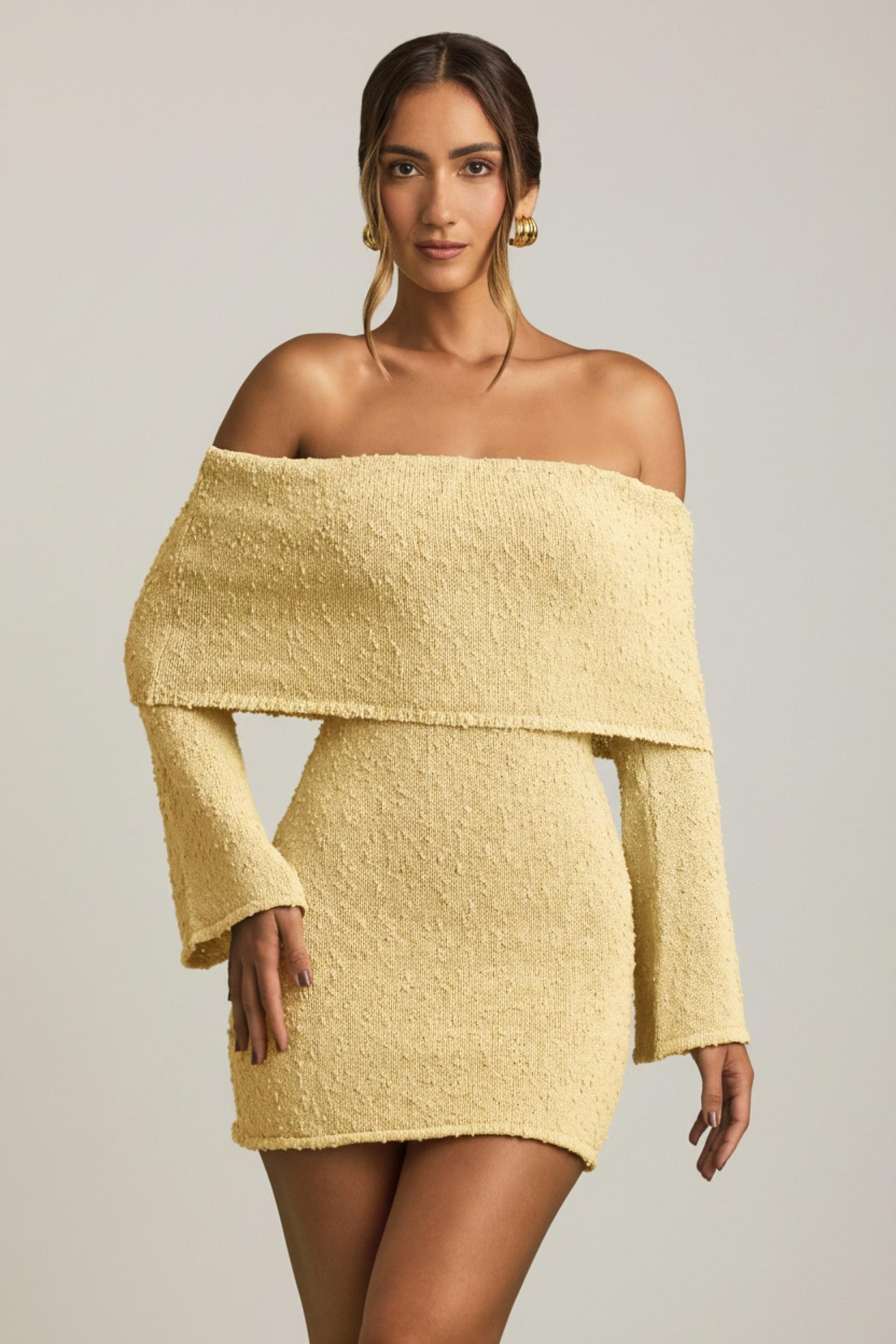Bouclé Off-Shoulder Mini Dress in Yellow Product Image