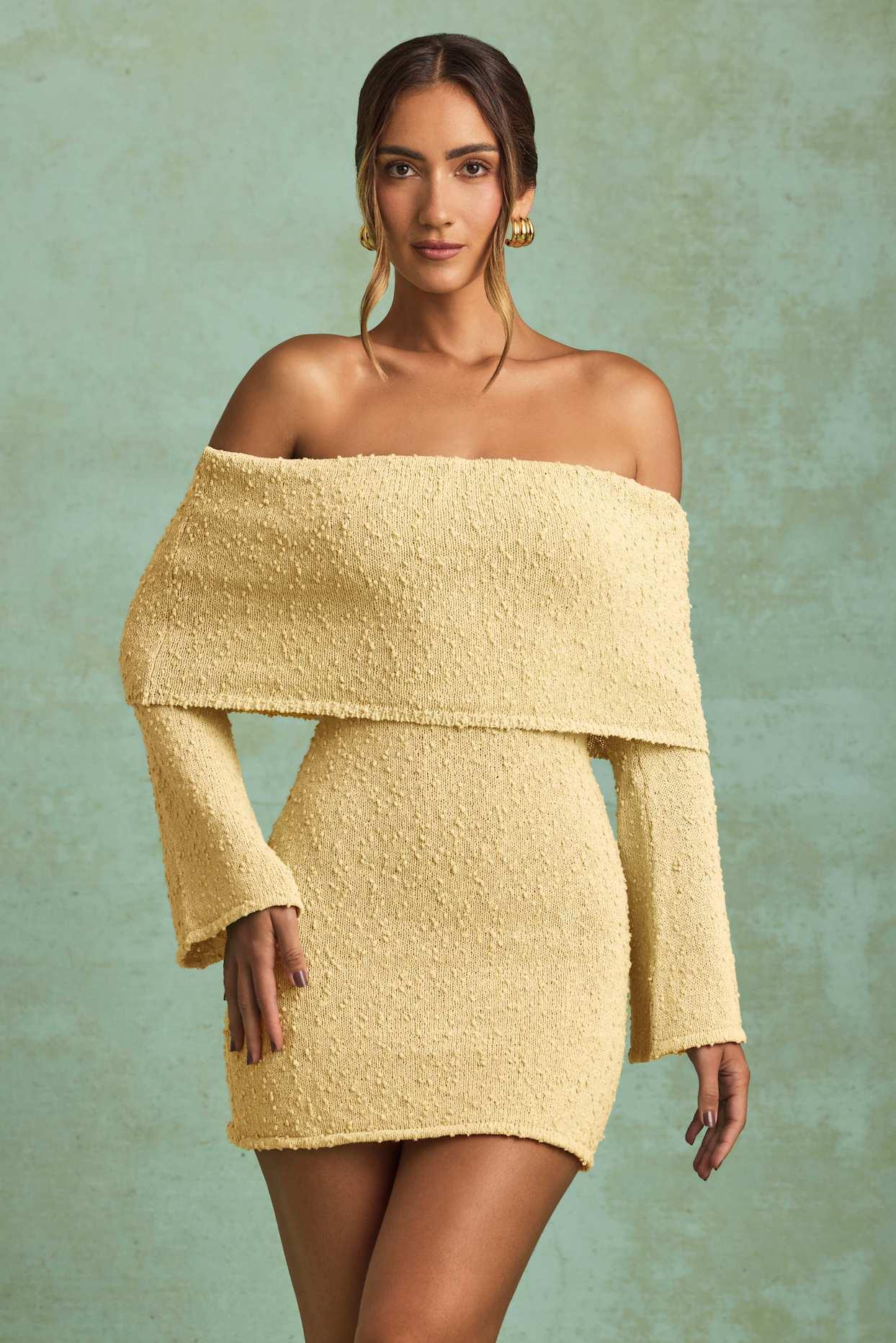Bouclé Off-Shoulder Mini Dress in Yellow Product Image