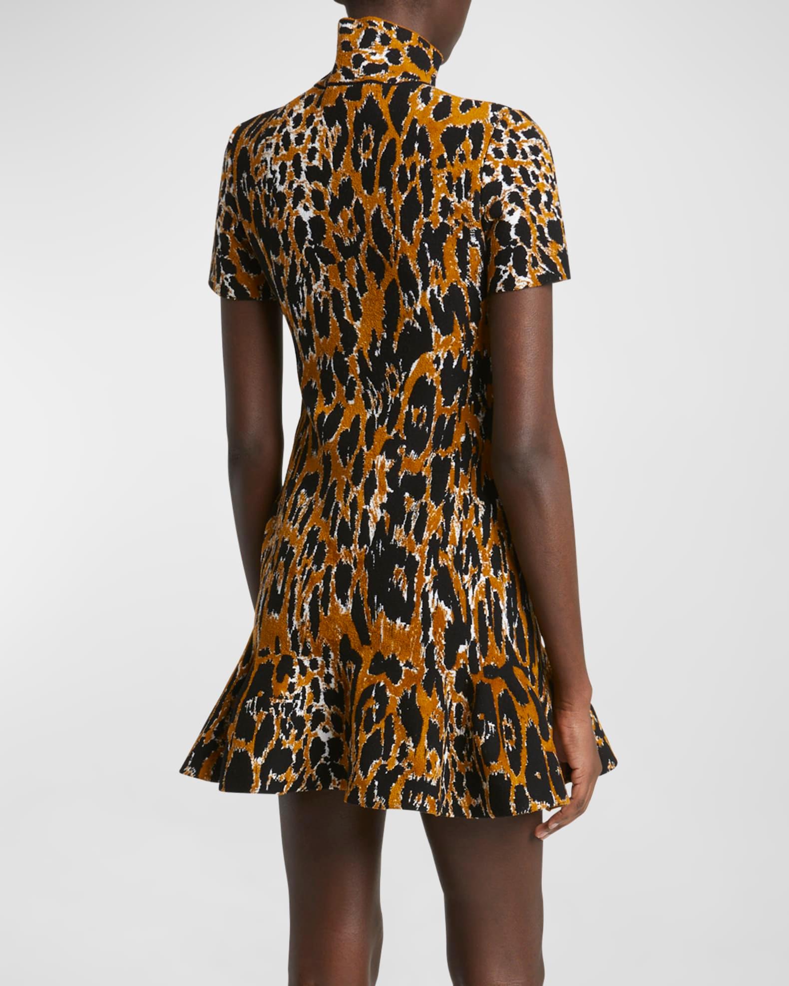 Mock-Neck Leopard Short-Sleeve Skater Mini Dress Product Image