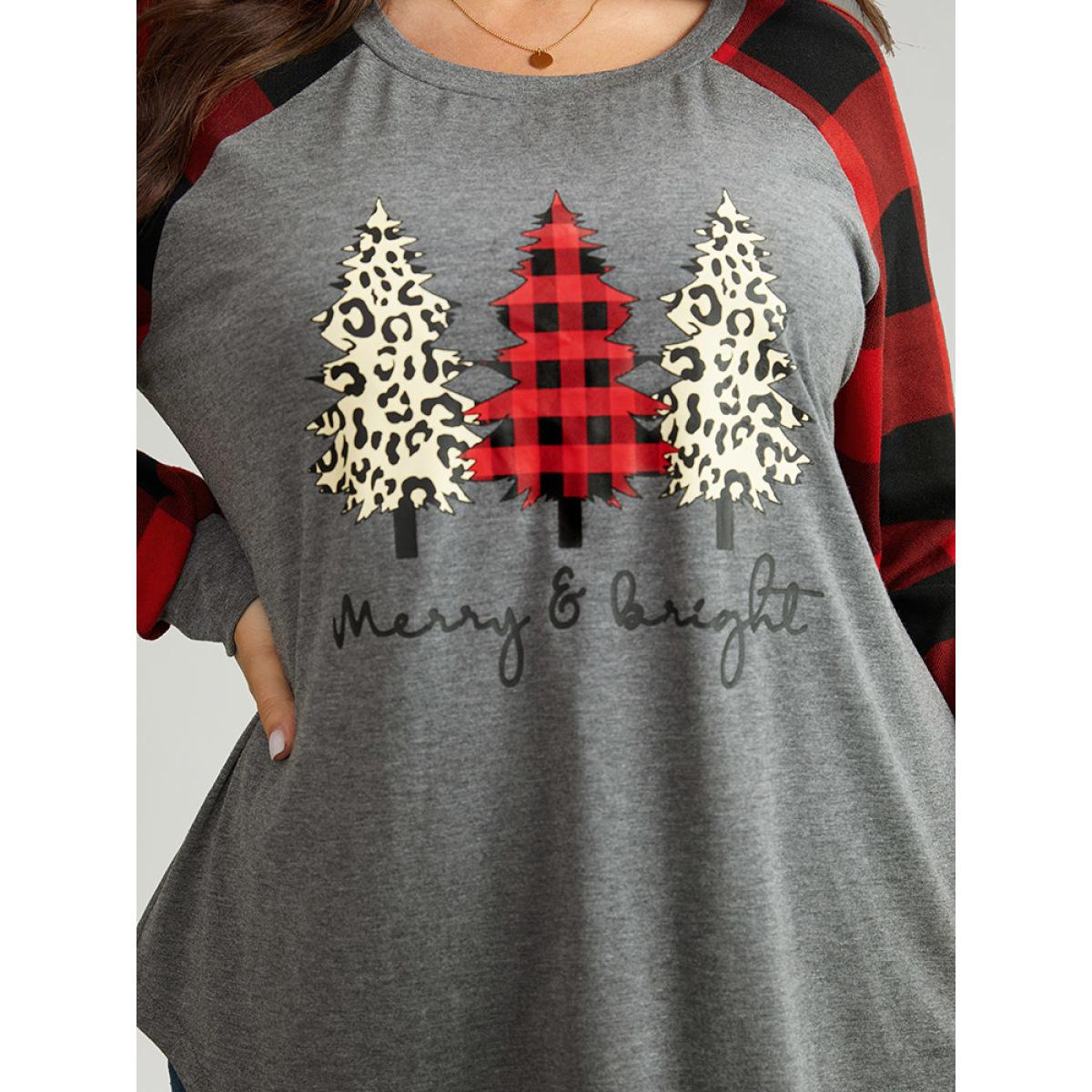 Plus Size Plaid Christmas Trees Round Neck T-shirt Gray Women Casual Contrast Christmas Festival-Christmas T-shirts BloomChic 22-24/3X Product Image