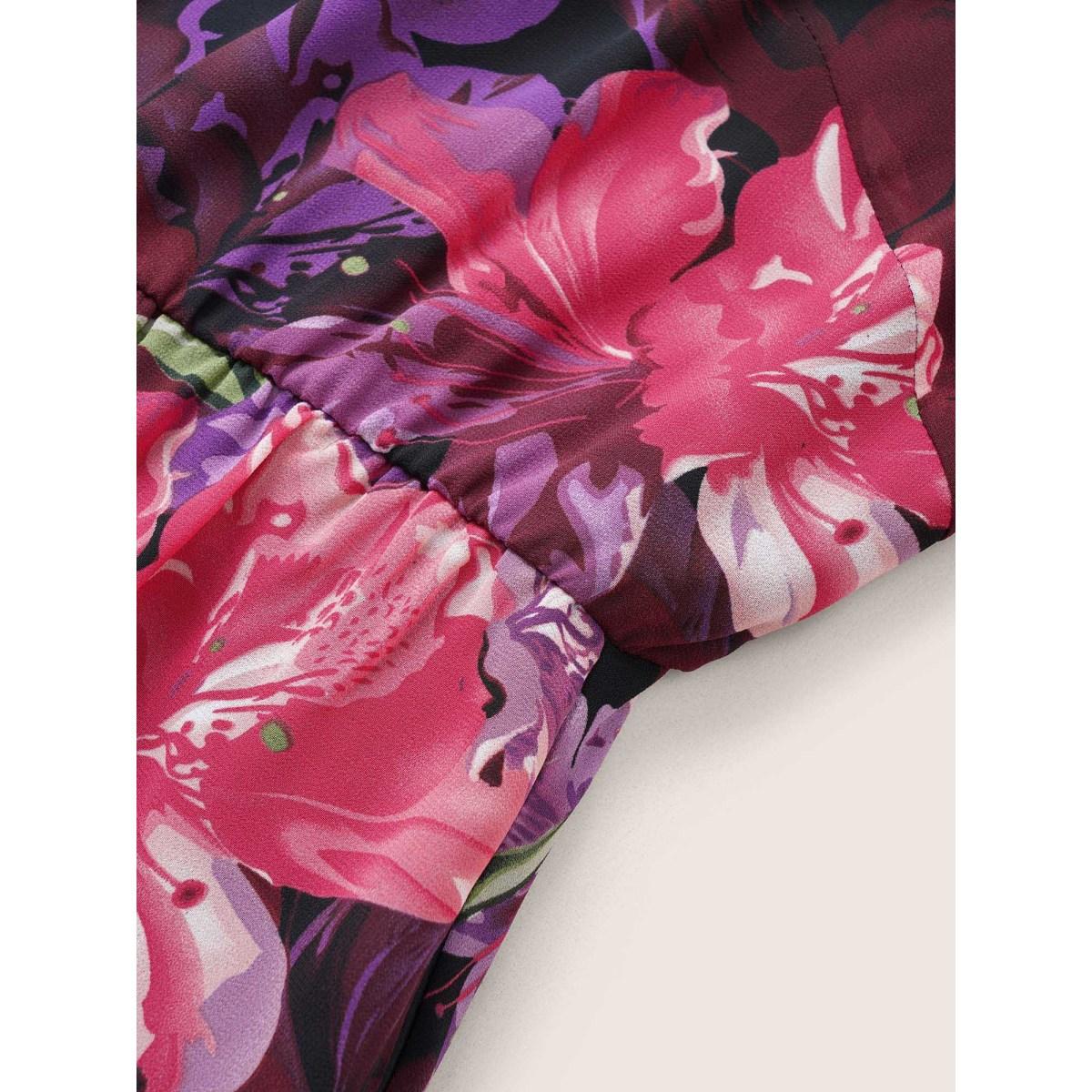 Plus Size Floral Lantern Sleeve Mesh Elastic Waist Dress RedViolet Women Elegant Non V-neck Long Sleeve Curvy Midi Dress BloomChic 10/M Product Image