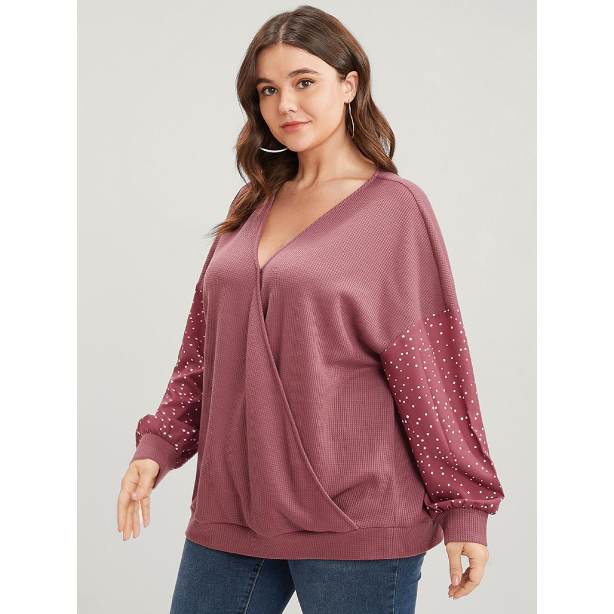 Plus Size Polka Dot Patchwork Wrap Waffle Knit Sweatshirt Women DustyPink Elegant Patchwork V-neck Dailywear Sweatshirts BloomChic 18-20/2X Product Image