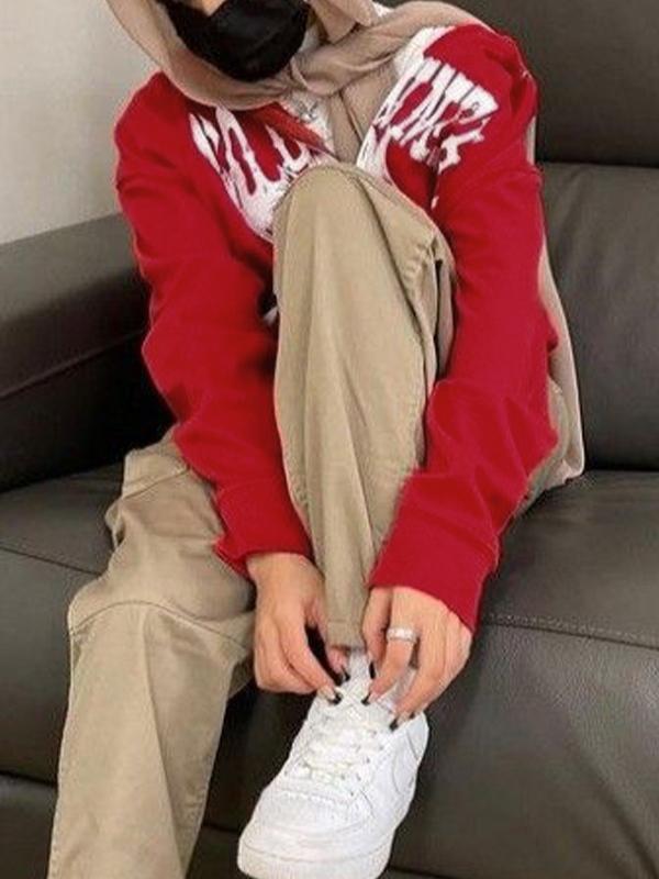 Red Vintage Print Zip Up Oversized Hoodie Product Image