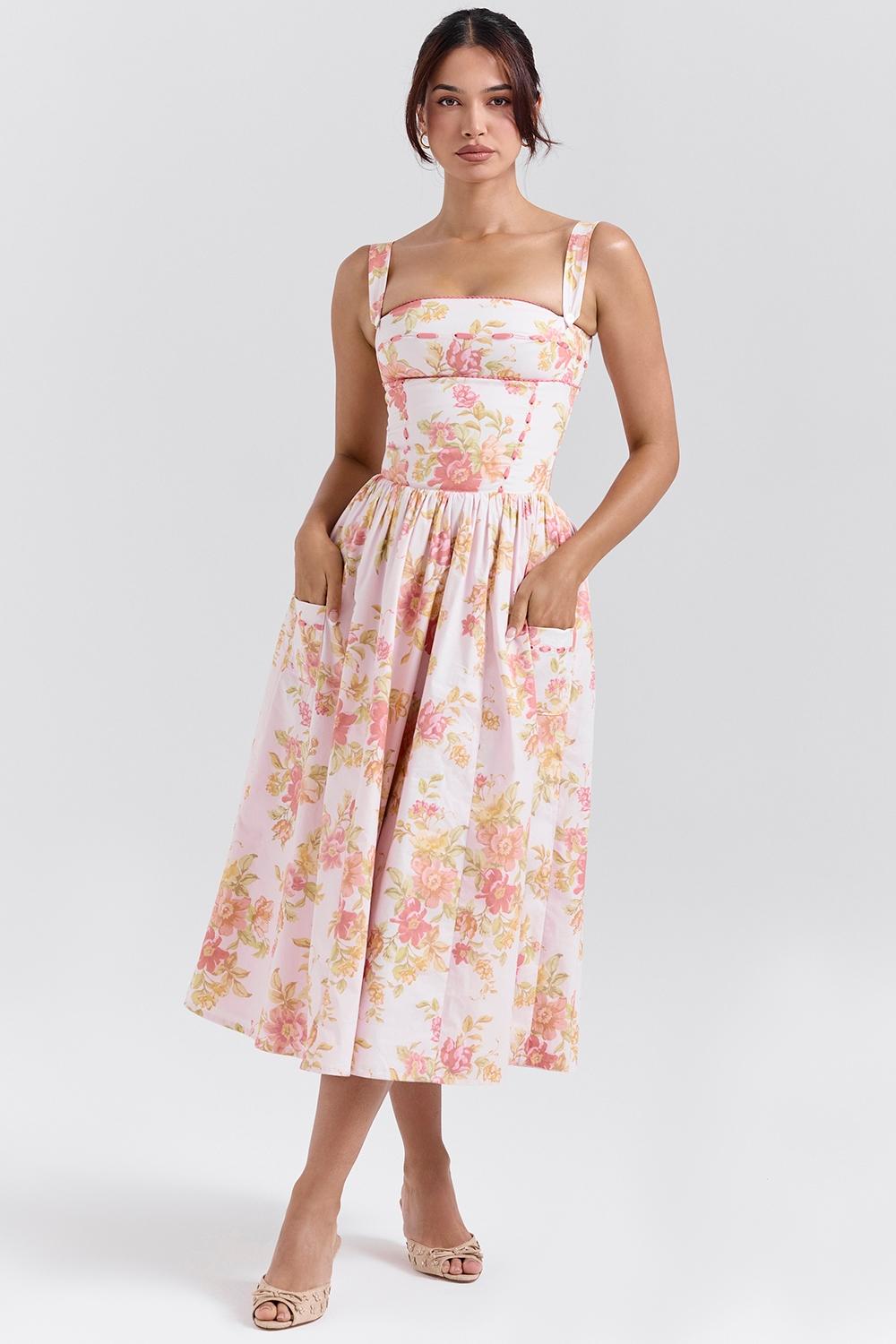Vivien  peach poppy print cotton midi sundress Product Image