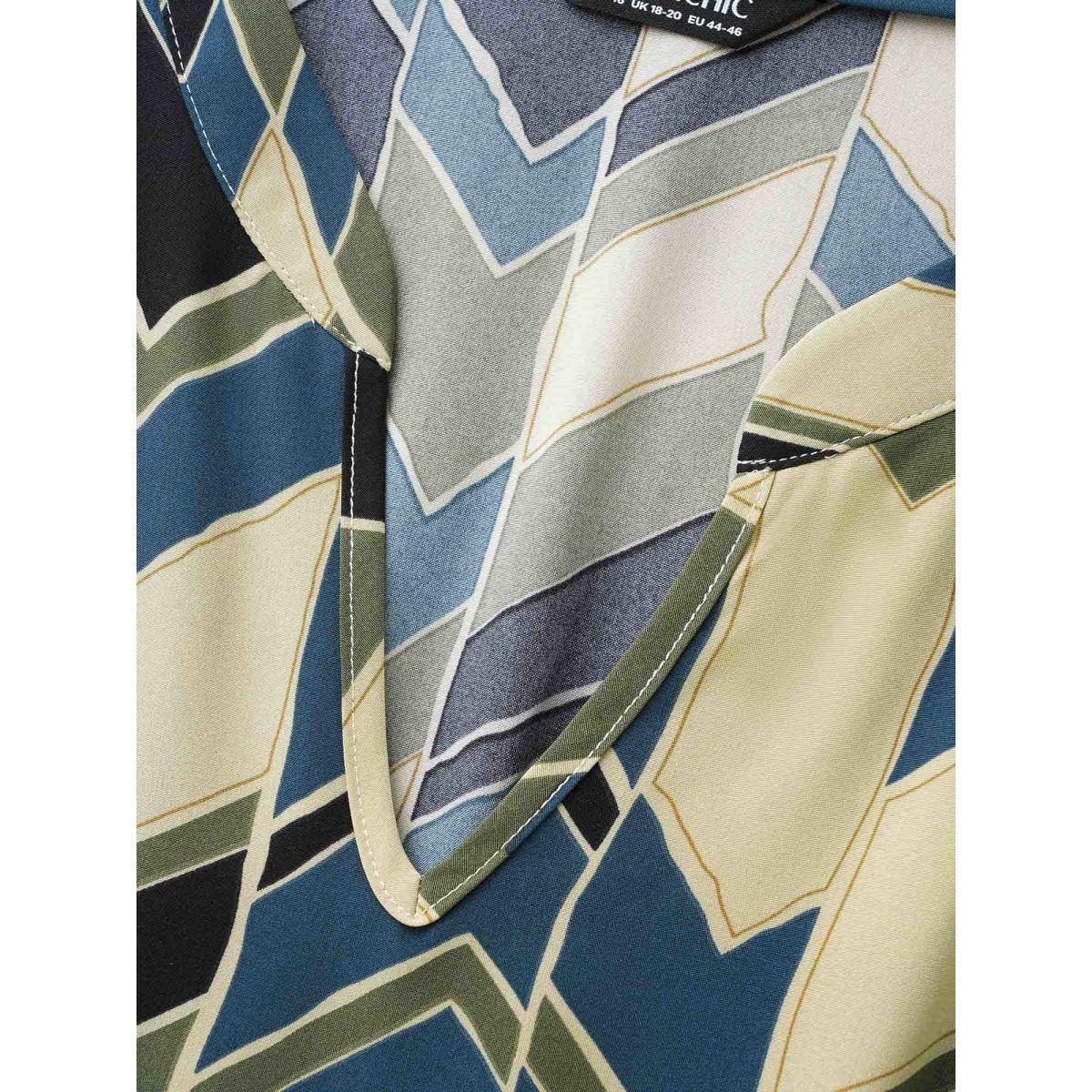 Plus Size Geometric Contrast Lantern Sleeve Dress Moss Women At the Office Belted Flat collar with V-notch Elbow-length sleeve Curvy BloomChic 12/L Product Image