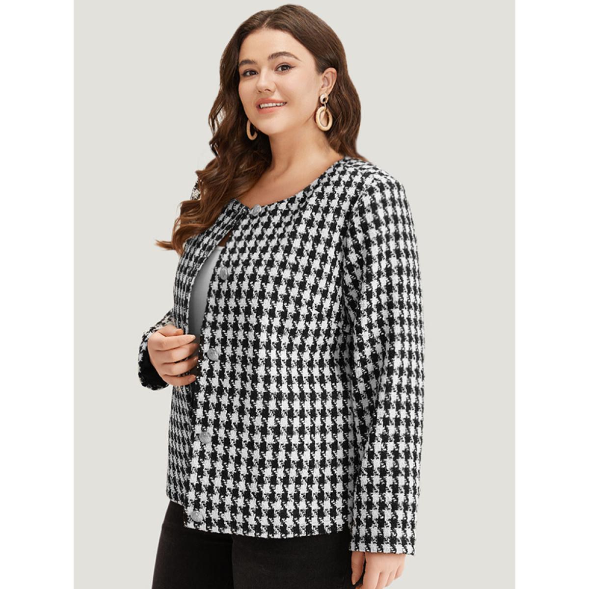 Plus Size Houndstooth Button Through Blazer Women Black Casual Texture Ladies Dailywear Winter Coats BloomChic 10/M Product Image