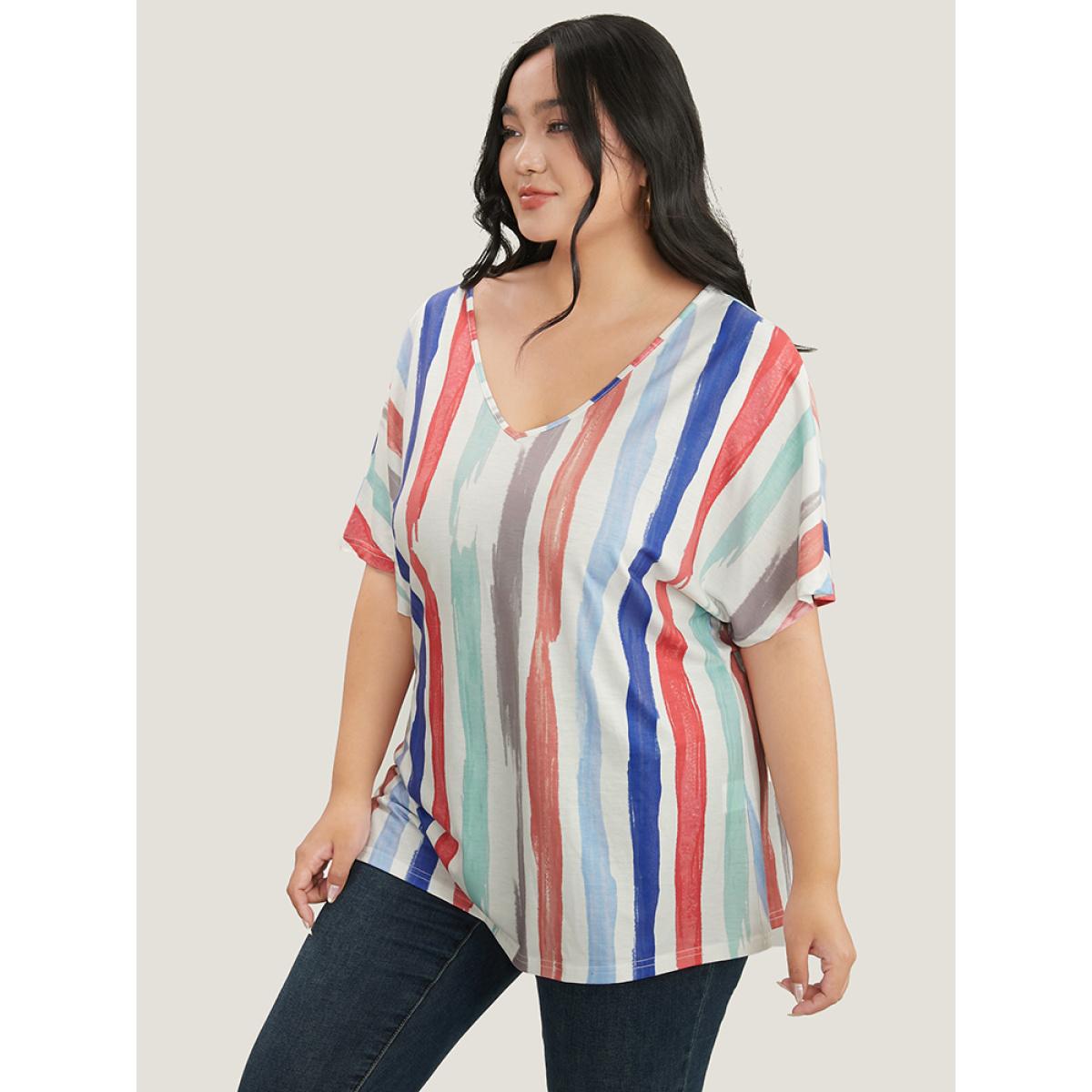 Plus Size Striped Contrast Dolman Sleeve V Neck T-shirt White Women Casual Striped V-neck Everyday T-shirts BloomChic 10/M Product Image