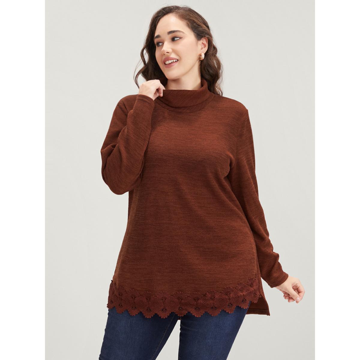 Plus Size Solid Lace Asymmetrical Hem Funnel Neck Sweatshirt Women Russet Elegant Patchwork Turtleneck Dailywear Sweatshirts BloomChic 26/4X Product Image