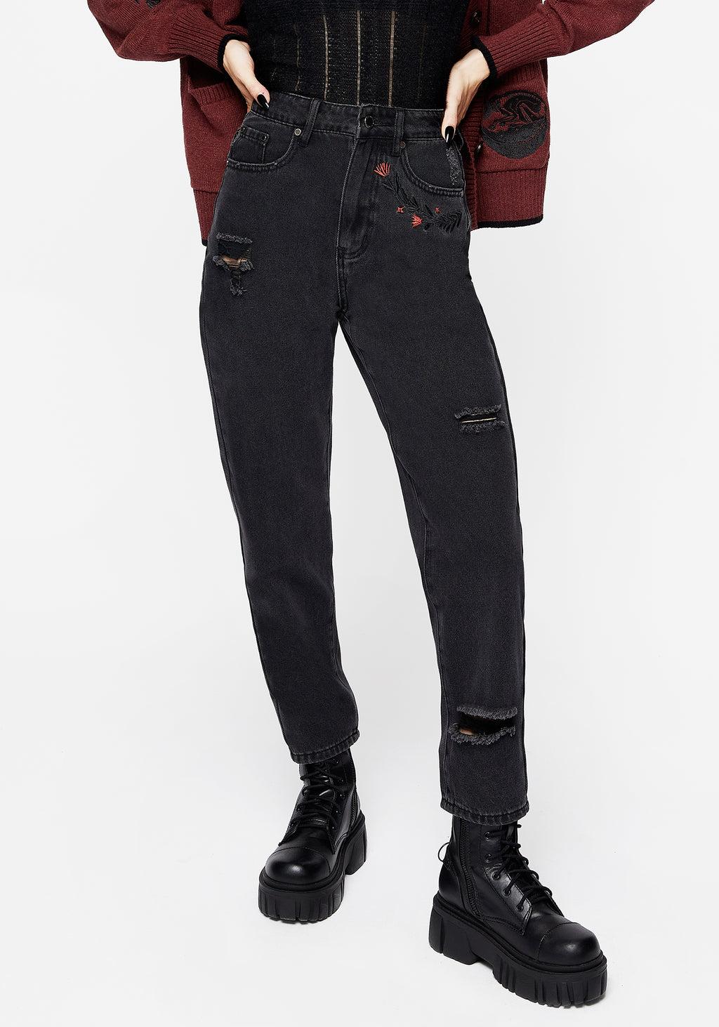 Foxfire Embroidered Distressed Mom Jeans Product Image