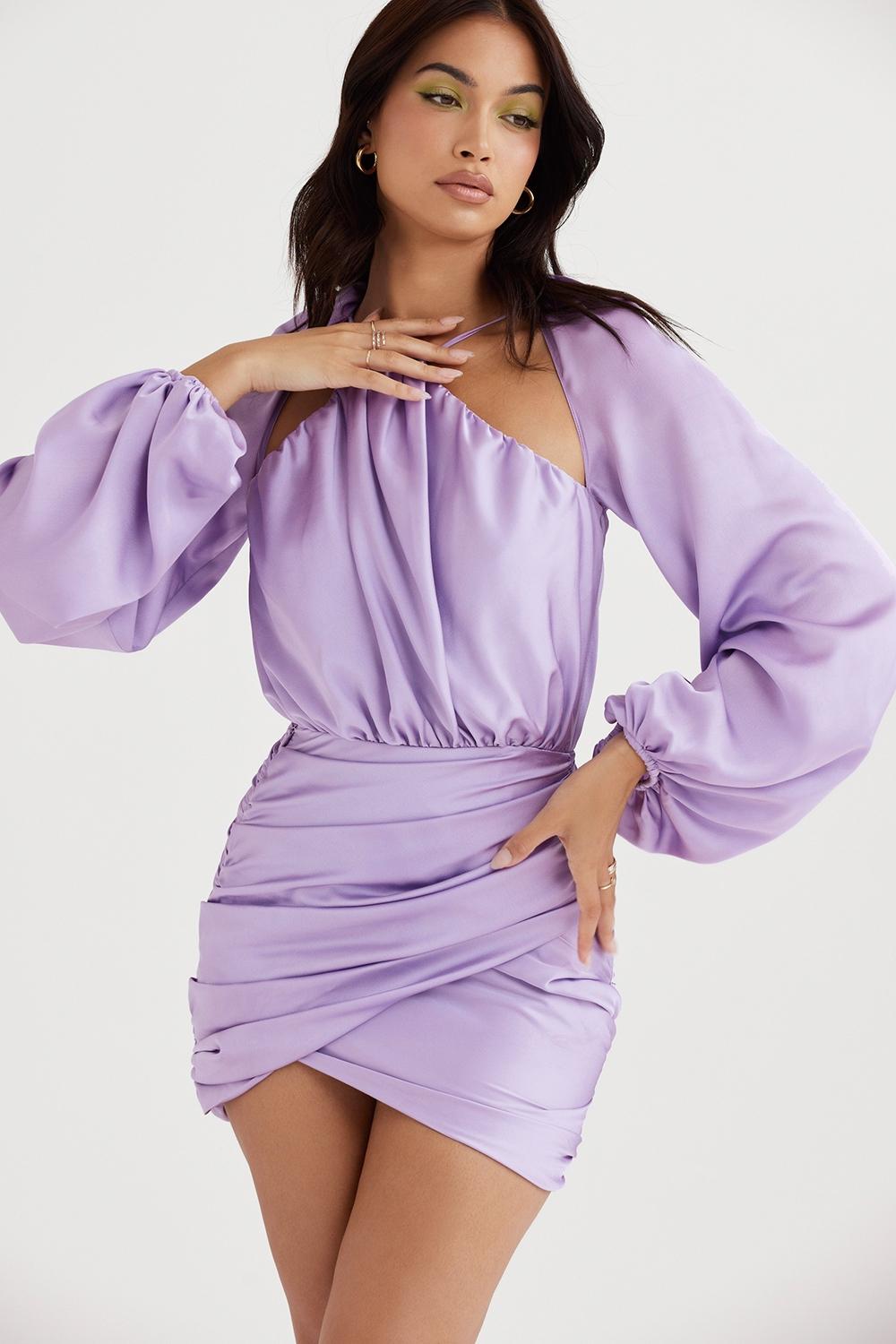 Kate  orchid satin wrap front mini dress - sale Product Image