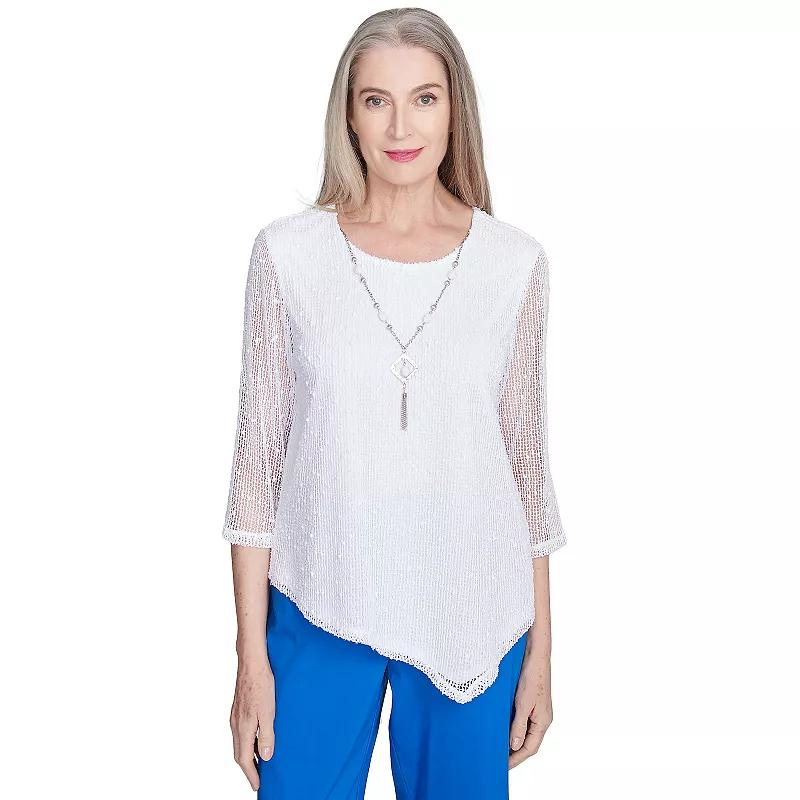 Petite Alfred Dunner Popcorn Mesh Top with Necklace, Womens Product Image