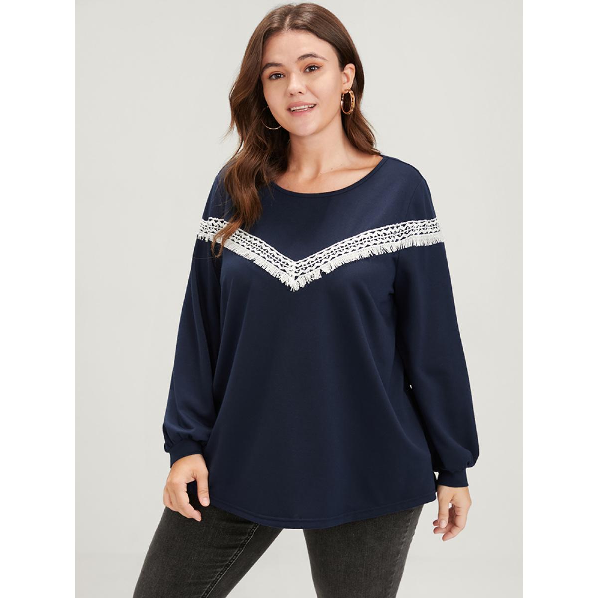 Plus Size Plain Round Neck Contrast Lace Drop Shoulder Sweatshirt Women Midnight Casual Contrast Round Neck Dailywear Sweatshirts BloomChic 26/4X Product Image