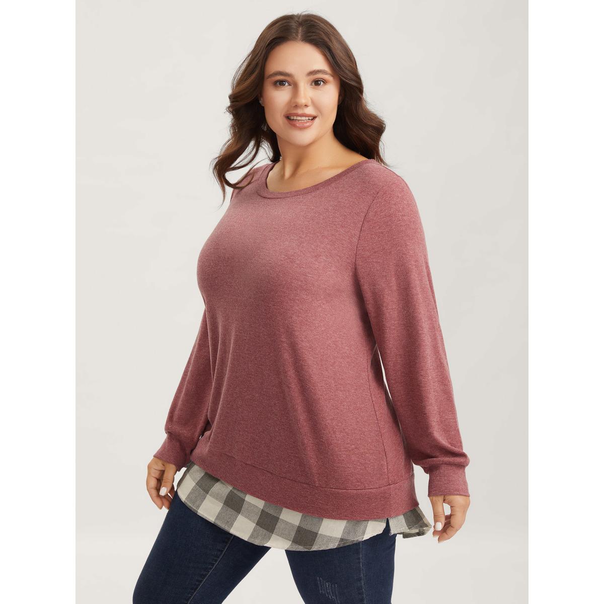 Plus Size Heather Plaid Patchwork Crew Neck T-shirt Russet Women Leisure Heather Plaid Round Neck Casual T-shirts BloomChic 22-24/3X Product Image