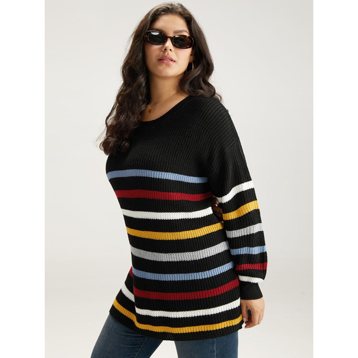 Plus Size Rainbow Striped Drop Shoulder Lantern Sleeve Pullover Multicolor Women Casual Loose Long Sleeve Round Neck Dailywear Pullovers BloomChic 28/5X Product Image
