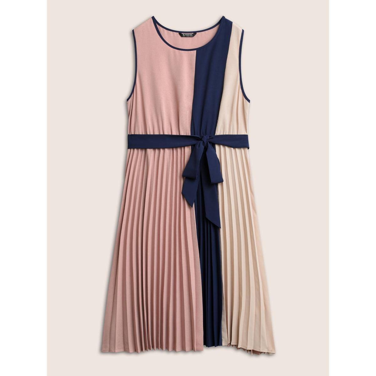 Plus Size Colorblock Contrast Pleated Belted Sleeveless Dress Multicolor Women At the Office Belted Round Neck Sleeveless Curvy Midi Dress BloomChic 10/M Product Image
