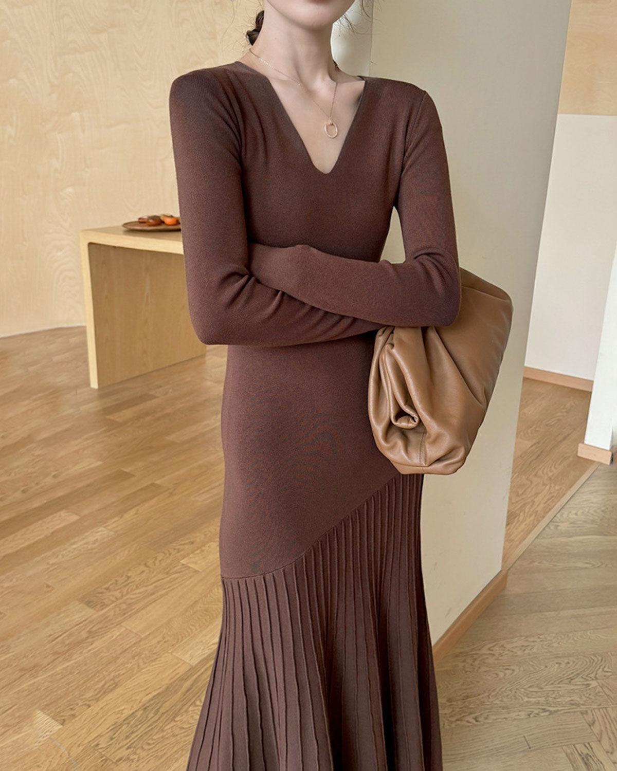 Coffee Scoop Neck Bodycon Sweater Dress Product Image