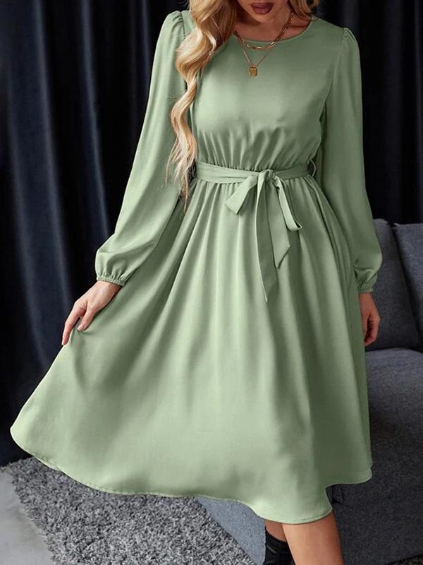Loose Puff Sleeves Elasticity Pleated Solid Color Split-Joint Tied Waist Round-Neck Midi Dresses Product Image