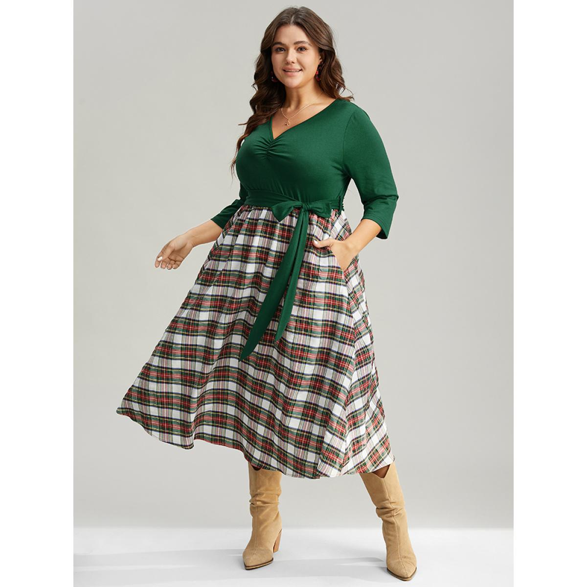 Plus Size Christmas Plaid Patchwork Ruched Belted Dress DarkGreen Women Work From Home Gathered V-neck Elbow-length sleeve Curvy Midi Dress BloomChic 18-20/2X Product Image
