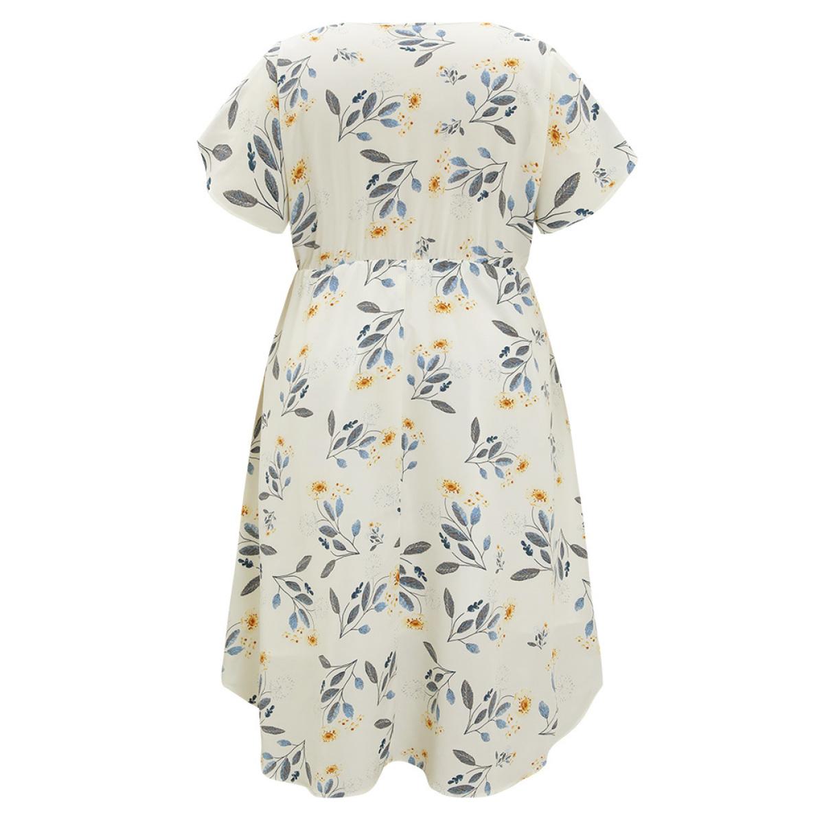 Plus Size Floral Arc Hem Pocket Split Petal Sleeve Zip Up Dress Ivory Women Office Lined V-neck Short sleeve Curvy Midi Dress BloomChic 14-16/1X Product Image