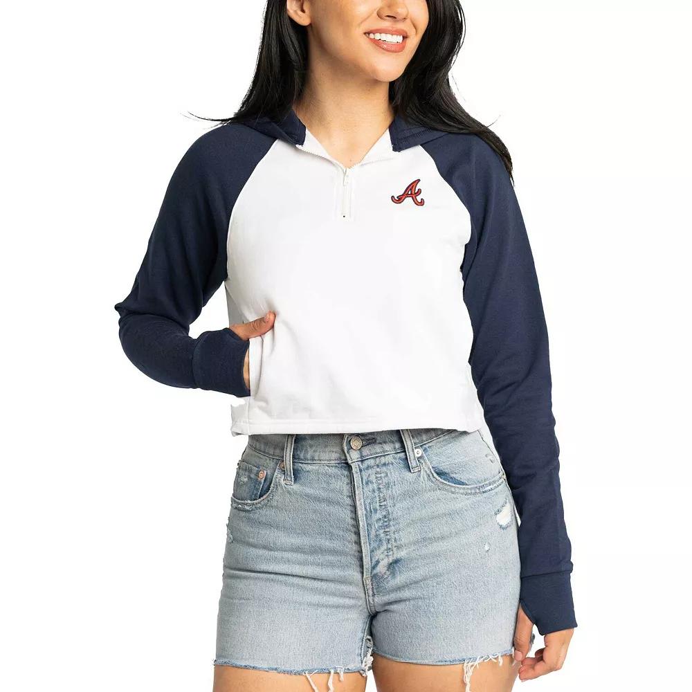 Women's Lusso White Atlanta Braves Jane Raglan Quarter-Zip Tri-Blend Cropped Pullover Hoodie, Size: 2XL Product Image