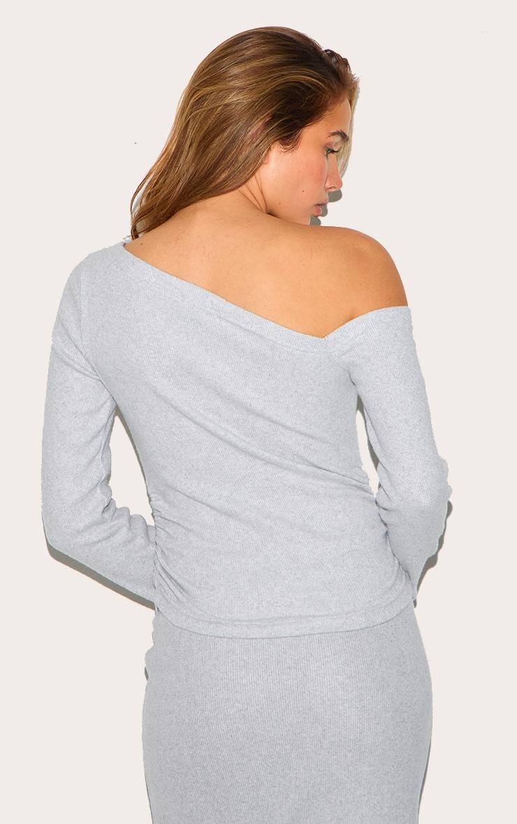 Grey Marl Rib Slouchy Asymmetric Ruched Long Sleeve Top Product Image