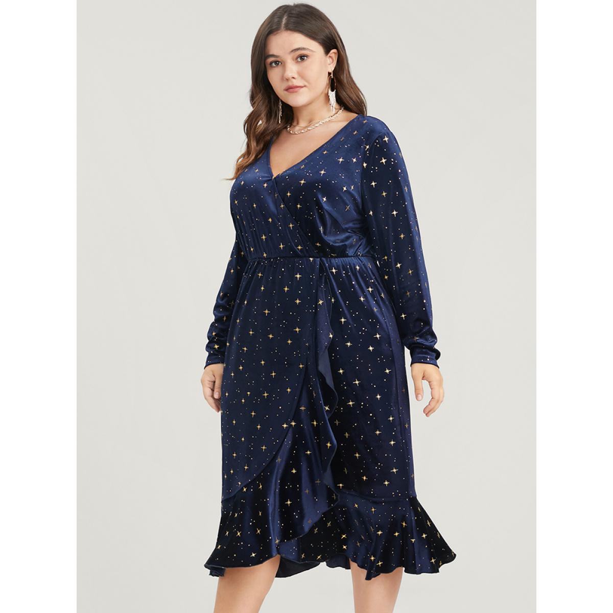 Plus Size Star Print Wrap Ruffle Trim Velvet Midi Dress Indigo Women Party Ruffles V-neck Long Sleeve Curvy Midi Dress BloomChic 18-20/2X Product Image