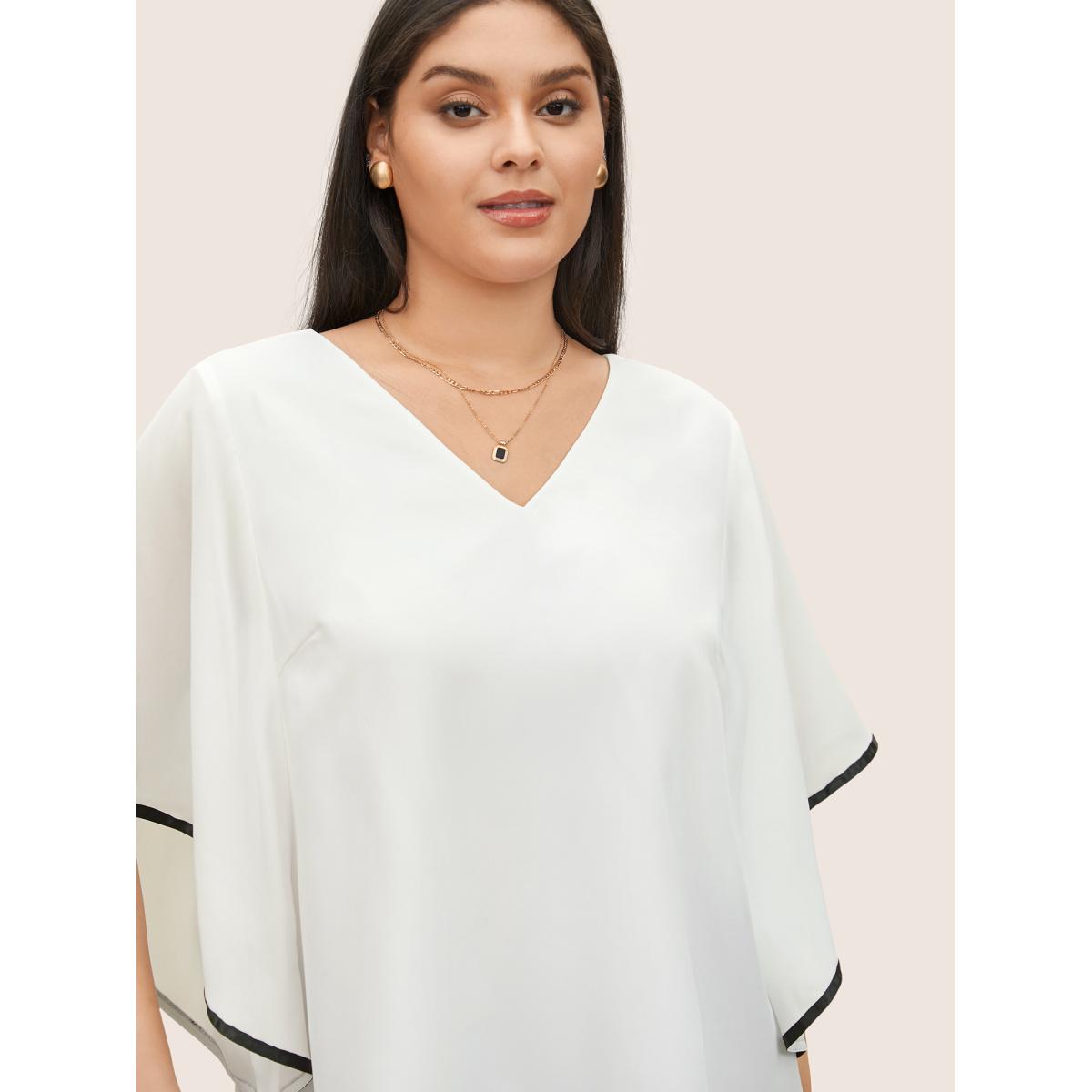 Plus Size White V Neck Contrast Webbing Dolman Sleeve Blouse Women Elegant Half Sleeve V-neck Everyday Blouses BloomChic 30/6X Product Image