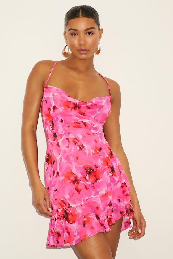 Cina Hot Pink Floral Lace-Up Mini Dress Product Image