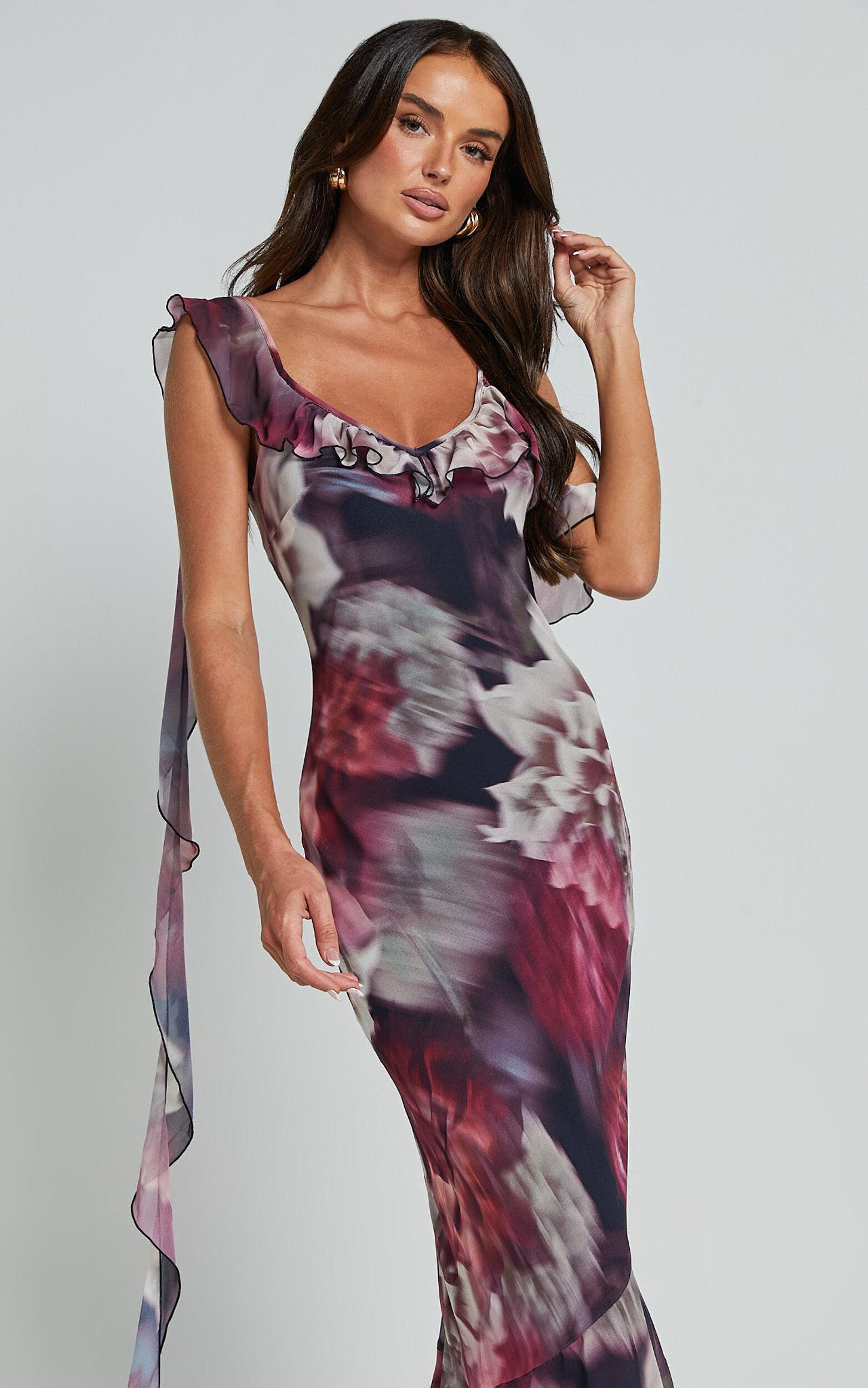 Riley Maxi Dress - Asymmetric Ruffle Detail Maxi Dress in Mariache Rose Product Image
