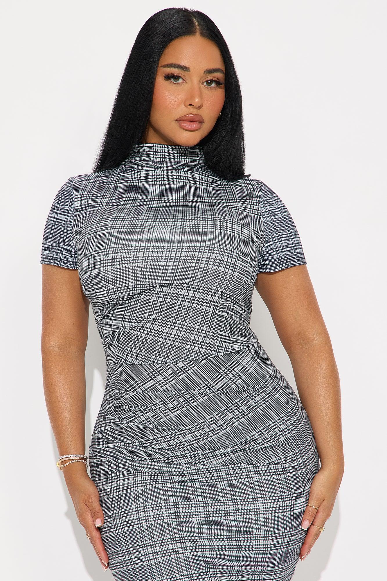 Arlene Houndstooth Short Sleeve Midi Dress - Black/White Female Product Image