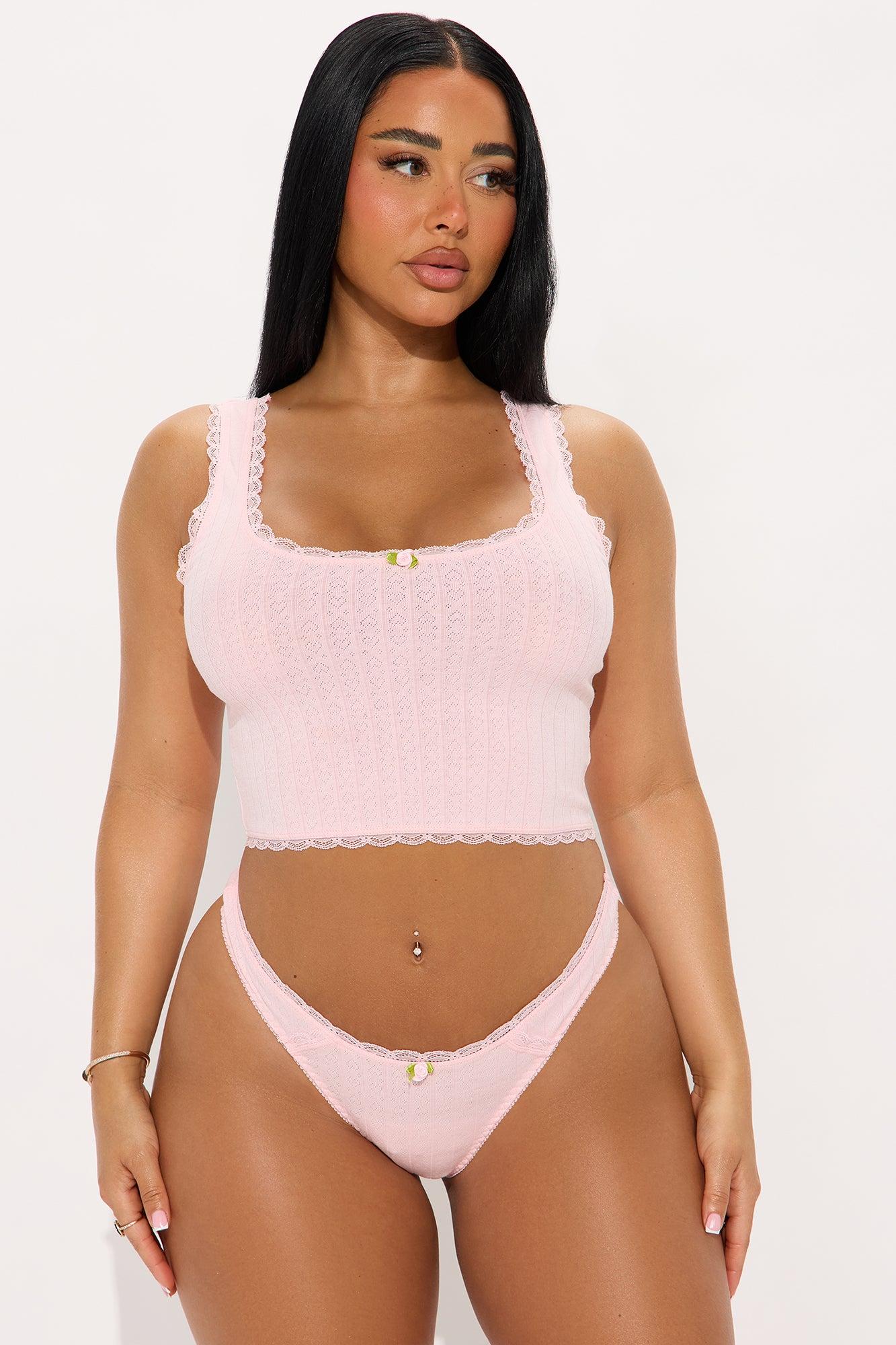 Jenny Pointelle Rosette Tank and Thong 2 Piece Set - Pink Female Product Image