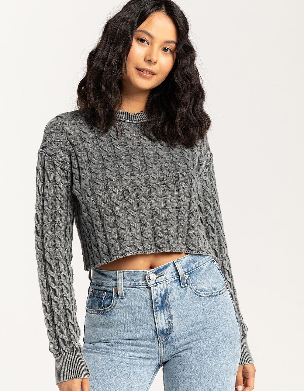 FULL TILT Washed Cable Womens Crop Sweater - BLACK Product Image